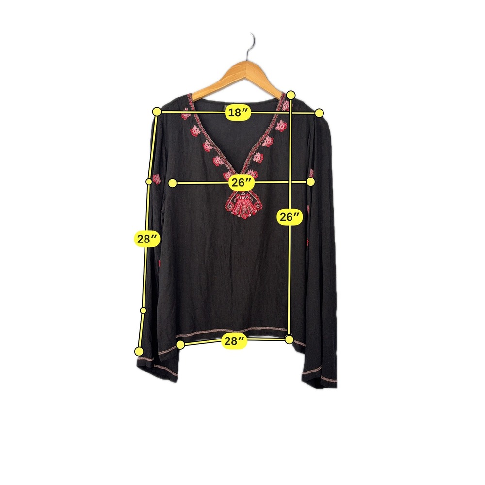 Passport Plus Peasant Top Women 1X Black Pink Embroidered V-Neck Long Sleeve - Picture 4 of 8
